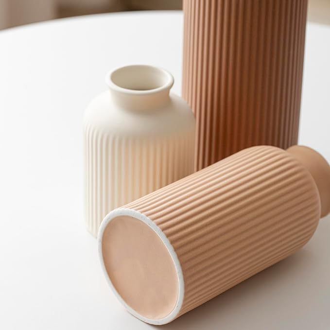 Large Modern Ceramic Vase Set, Coffee Ribbed Matte Design, 3-Piece Decorative Vases for Home, Living Room, Office (XL Coffee Mix) - Image 9