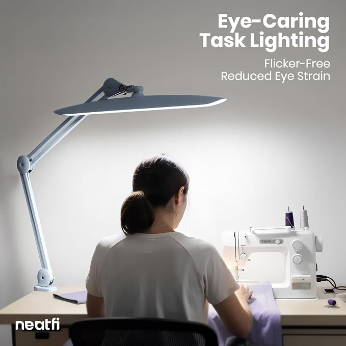 Neatfi XL 2200 Lumens 24W LED Desk Lamp – Shadow-Free Task Lighting | 4-Level Dimming | Home Office & Crafts Use | 20-Inch Wide Head (Gray, Non-CCT with Clamp) - Image 3