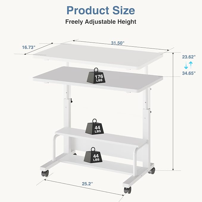 DUMOS Rolling Desk, Storage Shelves, Laptop Table, Home Office | Height Adjustable Design, Computer Desks on Wheels, Portable for Small Spaces Use, White - Image 3