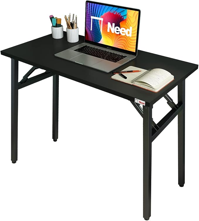 Need Folding Desk - 31 1/2" No Assembly Foldable Small Computer Table,Sturdy and Heavy Duty Writing Desk for Small Spaces, Black&Black Frame | Black Frame Writing Gaming Work Table/Sturdy Foldable Study Table for Small Space/Dormitory, No Assembly Requ... by Need