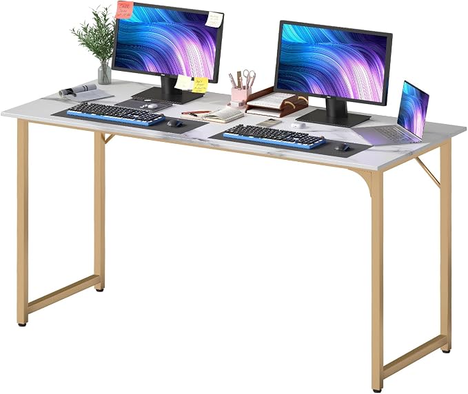 PayLessHere | 55 Inch Computer Desk | White Gold | Office Desk with Metal Frame, Adjustable Feet | Water-Resistant, Scratchproof Surface | Sturdy Writing Table for Home Office or Study | Pack of 1 by PayLessHere