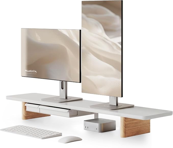 Fenge 42.5" Monitor Stand with Storage Drawers, Minimalist Monitor Riser with Solid Ash Legs and Cable Management, Wooden Desk Shelf for Home Office Workspaces, White by Fenge