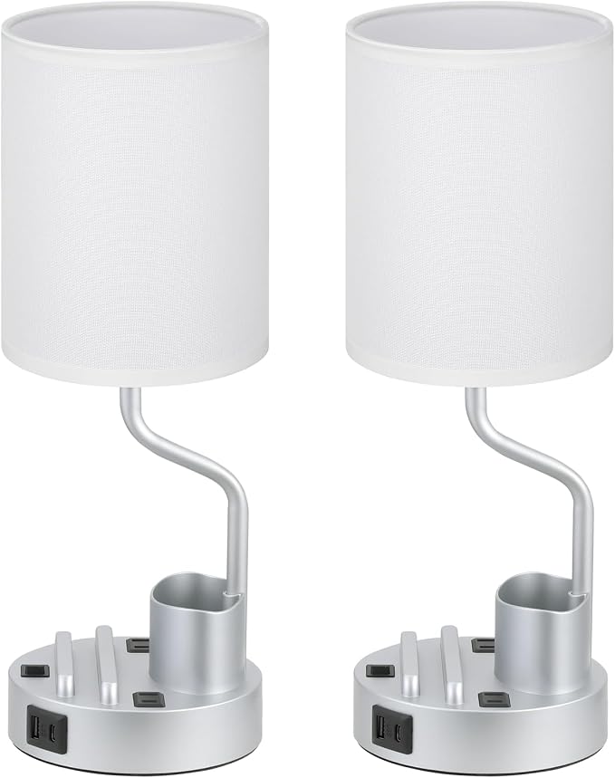 Fenmzee Bedside Lamps for Bedroom Set of 2 - Table Desk Lamp for Nightstand | 15" Table Lamp for Living Room with Pen Holder & Phone Stand, USB A+C Port, AC Outlet, 3 Color Temperature, LED Bulb Included - Image 7