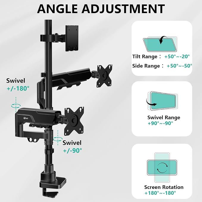 WALI Triple Monitor Mount - Extra Tall 3 Monitor Desk Mount for 17-49 Inch Ultrawide Screens, Up to 44 lbs, Fully Adjustable Heavy Duty Monitor Arm, VESA 75/100 mm (GSDM003-P), Black - Image 3