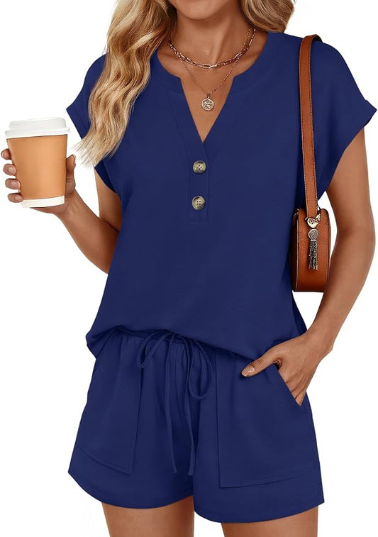 LILLUSORY 2 Piece Summer Set 2026 Henley Top & Drawstring Shorts with Pockets by Lillusory