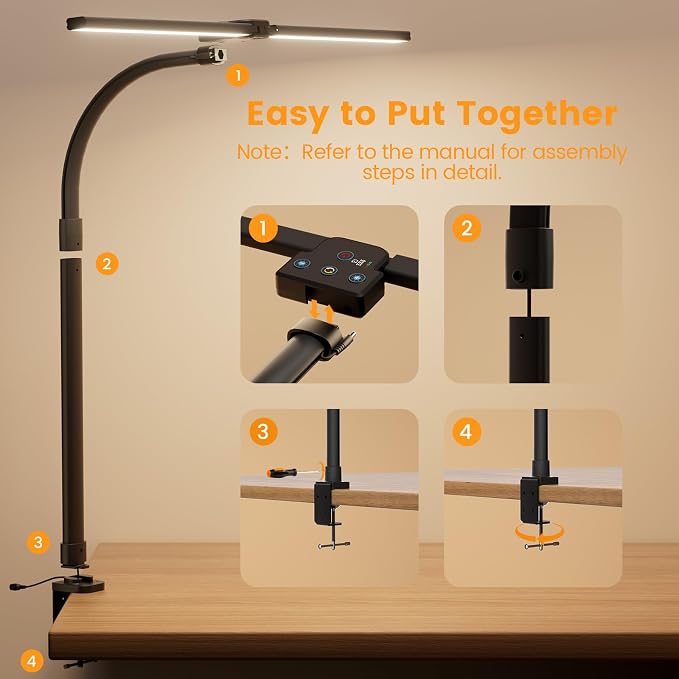 LED Desk Lamp for Home Office, 24W Computer Desk Light with Remote Control, Bright Table Lamp with Clamp Dimmable Tall Desktop Lighting with Bendable Gooseneck, Double Head, Black - Image 7