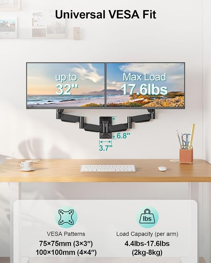 Long Arm Dual Monitor Wall Mount, Gas Spring Wall Monitor Arm for 17-32" Screens, 27.1" Extra Long Monitor Mount, Holds up to 17.6 lbs Each, Full Motion VESA Mount, 75/100, Black - Image 4