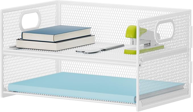 Marbrasse 2 Tier Paper Organizer Letter Tray, Mesh File Organizer with Handle, Paper Sorter Desk Organizer for Home Office Supplies - White by Marbrasse