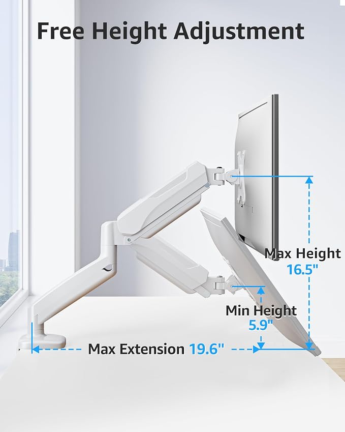 MOUNTUP Single Monitor Desk Mount Holds Screen up to 32 inch, Height Adjustable Monitor Arm, Full Motion Computer Monitors Stand with Clamp/Grommet Base, VESA Mounts Fit 4.4-17.6lbs Computer, White - Image 8