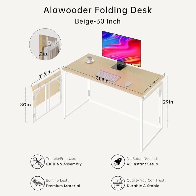 alawooder 31.5" Folding Desk: No Assembly, Wood Top for Small Spaces | Home office desk, holds 150 lbs, folds flat to 2.3 in, splash-proof wood top, sturdy metal frame - Image 3