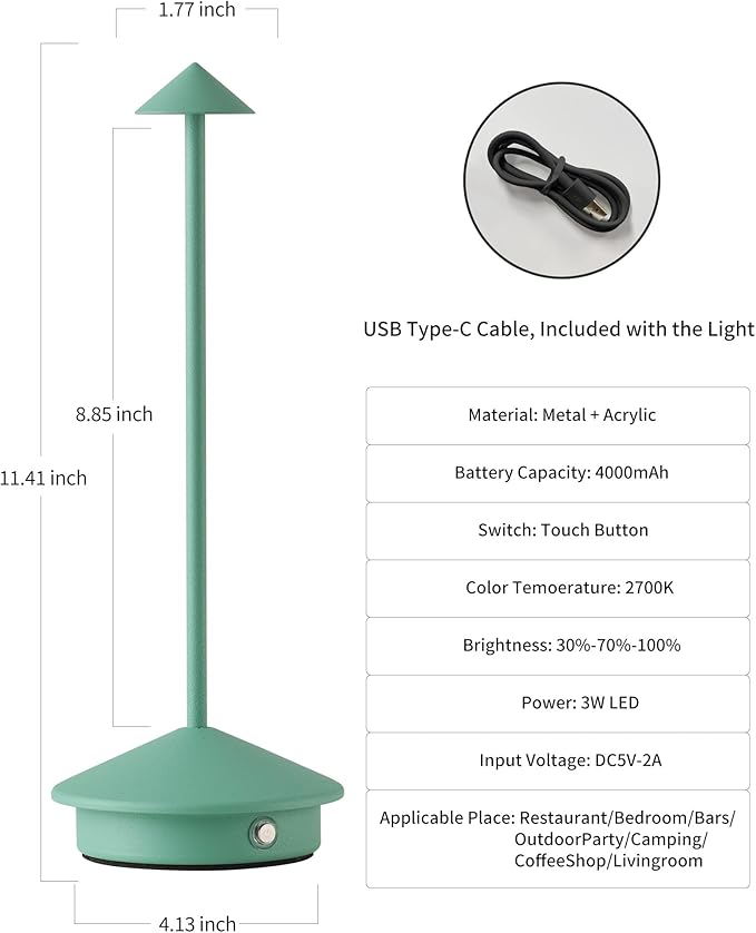Modern Cordless Table Lamp Set of 2, Green Portable LED Desk Lamps | 4000mAh, Rechargeable, Battery Operated Lighting for Bedroom, Dining Room, Restaurant, Coffee Shop, Camping, Night Light - Image 5