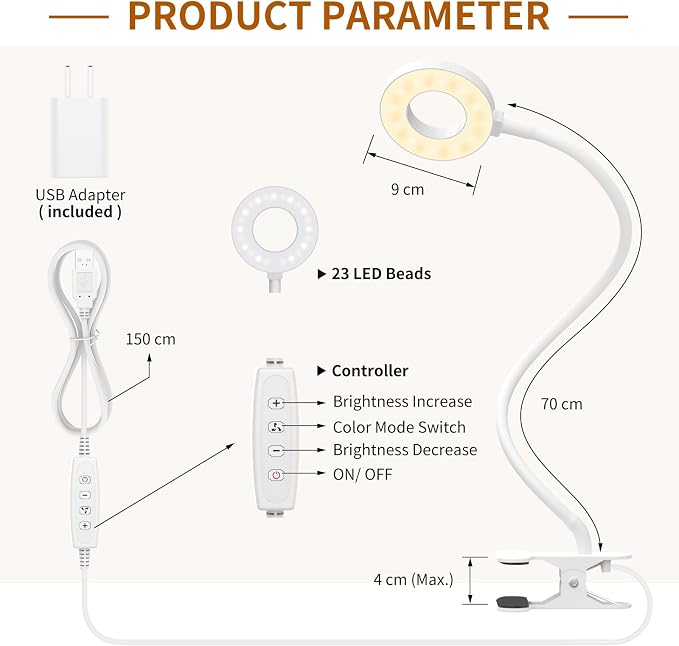 iZELL Reading Light, USB Clamp Lamp for Child Reading Book in Bed at Night, LED Small Desk Lamp with Silicone Adjustable Arm Clip on Beside Table for Studying Working Drafting Sewing - 15.8‘’ White - Image 6