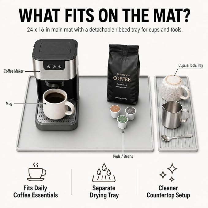 Silicone Coffee Mat 24 x 16 in with Tray, Minimal Light Gray | Coffee bar mat for countertop use, coffee station mat or coffee machine mat with removable tray and 0.47 in raised rim. - Image 4