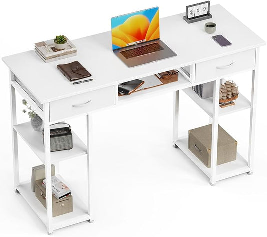 47 Inch Computer Desk with 2 Drawers, Home Office Desk with Wooden Shelves, Study Writing PC Table for Small Spaces, Bedroom, Dorm or Living Room, White by Unknown