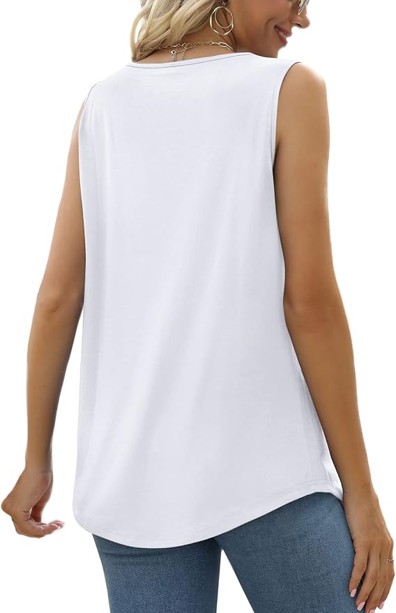 Saloogoe Summer Tank Tops for Women Loose Fit Pleated Square Neck Sleeveless Tops Curved Hem Flowy - Image 5