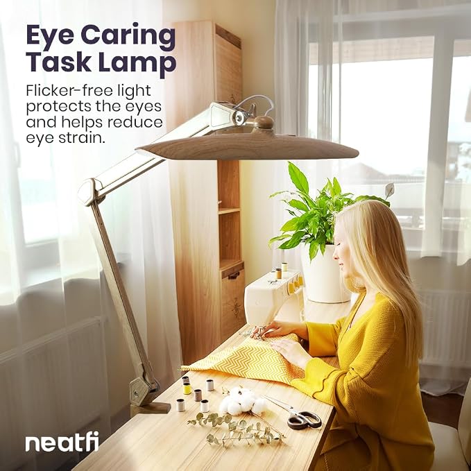 Neatfi XL 2200 Lumens 24W LED Desk Lamp – Shadow-Free Task Lighting | 4-Level Dimming | Home Office & Crafts Use | 20-Inch Wide Head (Brown Wood, Non-CCT with Clamp) - Image 2