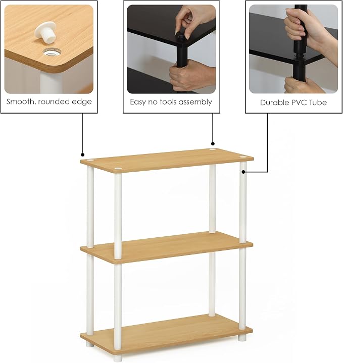 Furinno TURN-N-TUBE Storage Shelves, 3-Tier Book Shelf, Corner Shelf, Toolless Open Shelves, for Organization and Storage, Living Room, Garage, Home Office, Beech - Image 5