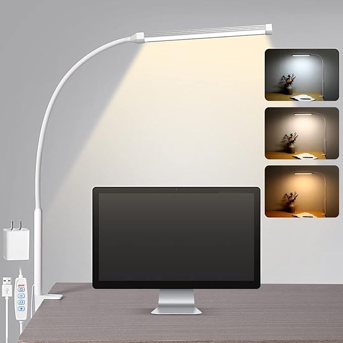 Voncerus LED Desk Lamp with Clamp, Eye-Caring Clip on Lights for Home Office, 3 Modes 10 Brightness, Long Flexible Goose-Neck, Metal, Swing Arm Architect Task Table Lamps with USB Adapter, White | 3 Modes 10 Brightness, Long Flexible Goose-Neck, Eye-Ca... by Voncerus