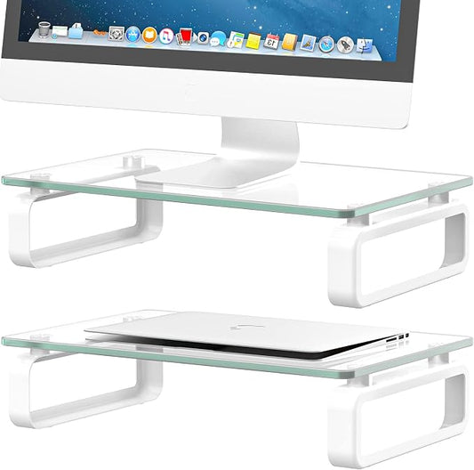 Hemudu 2 Pack Computer Monitor Stand Riser Multi Media Desktop Stand for Flat Screen LCD LED TV, Laptop/Notebook, with Tempered Glass and Metal Legs,HD02T-201 by HEMUDU