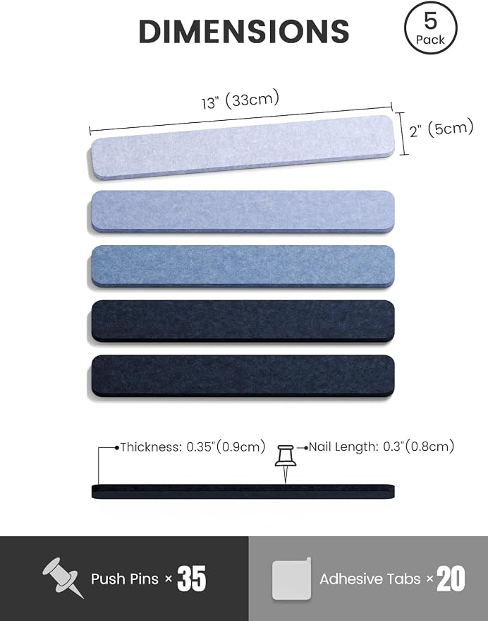 Fluxynara 13" x 2" Felt Wall Panels, Denim Mist | 5-Pack Cork Board Alternative with 35 Push Pins, Adhesive Mounting for Bedroom Door or Home Office - Image 2