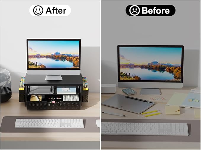 gianotter Desk Organizers and Accessories, Monitor Stand with Drawer and 2 Pen Holder, Desktop Organizer Suitable for Offices and Dormitories (Black-Plain) - Image 3