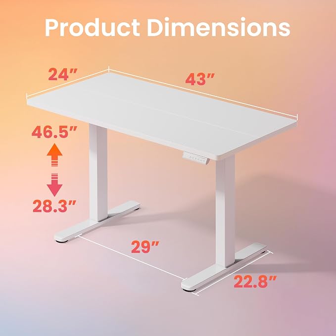 HUANUO 43 x 24 inch Electric Standing Desk Adjustable Height, 4 Memory Height Settings, Sit Stand Up Desk for Home Office & Computer Workstation, White - Image 3