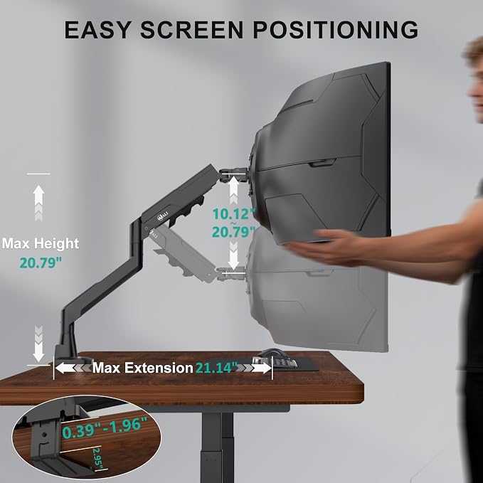 WALI Heavy Duty Single Monitor Arm for 17-49 Inch Flat Curved Ultrawide Screens, up to 33 Lbs, Adjustable Single Monitor Desk Mount for Home Office Gaming, VESA 75/100mm (GSM001XLN), Black - Image 6