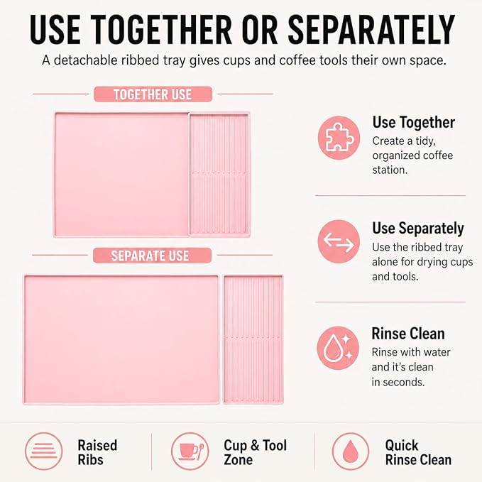 Silicone Coffee Mat 24 x 16 in with Tray, Soft Light Pink | Coffee bar mat for countertop use, coffee station mat or coffee machine mat with removable tray and 0.47 in raised rim. - Image 7