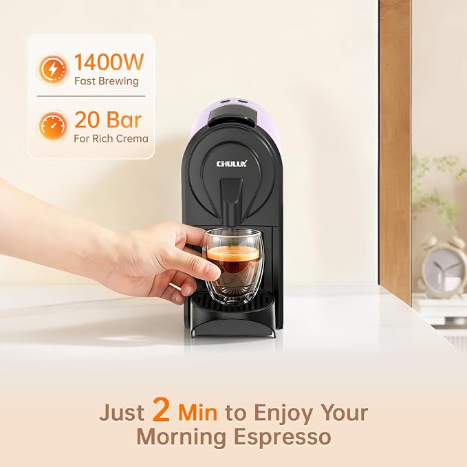 CHULUX Bafè-Pro 20Bar Espresso Coffee Machine for Fast Extraction, Lavender | 1400W Rapid Heating, Espresso Lungo Buttons, Used Capsule Drawer, Auto-Eject System, 24oz Removable Reservoir, Mini Footprint - Image 2