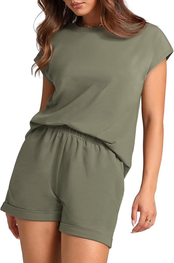WIHOLL 2 Piece Sets for Women Casual Summer Travel Vacation Outfits Cap Sleeve Shorts Lounge Set - Image 3