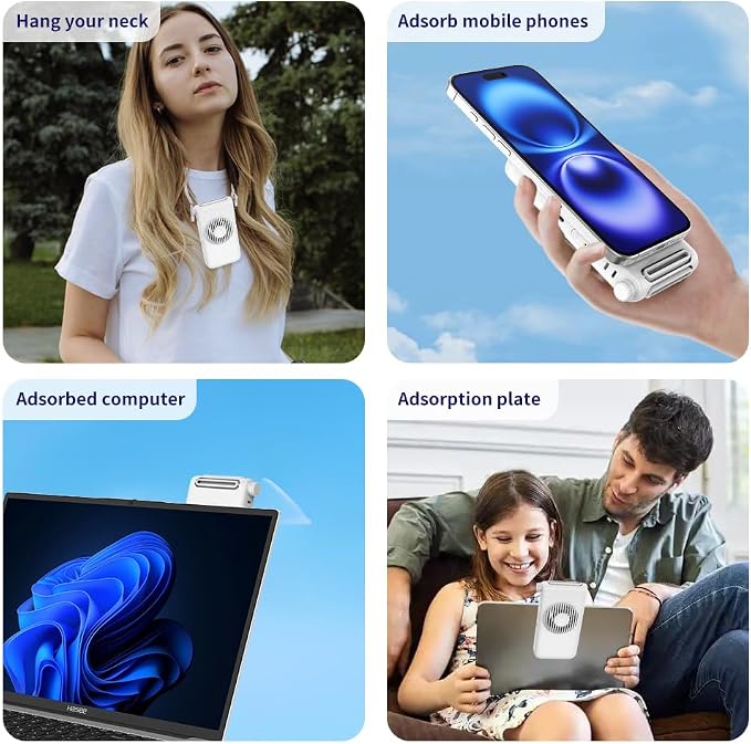 Magnetic Phone Fan 3-in-1 Hands-Free Neck/Waist/Handheld, 80g Lightweight 3 Speeds Portable Fan with Universal Metal Plate, Cooling for Travel Gym Office All Phones - Image 4