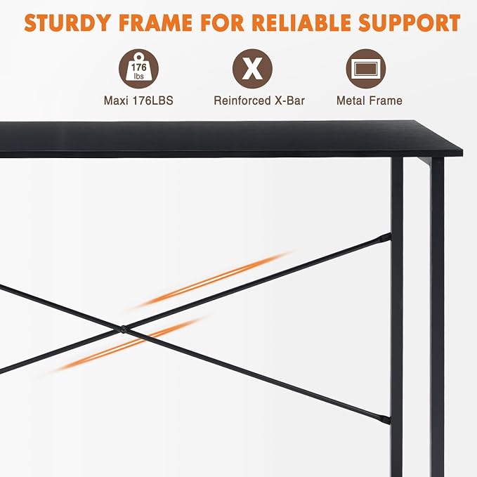 Sweetcrispy 48-Inch Small Computer Desk for Bedroom, Black | Gaming Writing Work and Study Desk for Home Office, Sturdy Metal Frame and Compact Modern Design with X-Shaped - Image 6