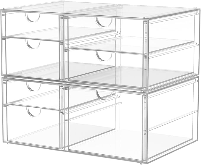 caktraie Acrylic 2-Pack 7-Drawer Makeup & Storage Organizer for Bath,Desk | Smooth-glide drawers, clear body, dustproof, wipe clean, for office supplies, pens, rings, earrings, tweezers, cotton swabs - Image 8