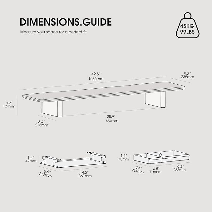 Fenge 42.5" Monitor Stand with Storage Drawers, Minimalist Monitor Riser with Solid Ash Legs and Cable Management, Wooden Desk Shelf for Home Office Workspaces, Dark Oak - Image 5