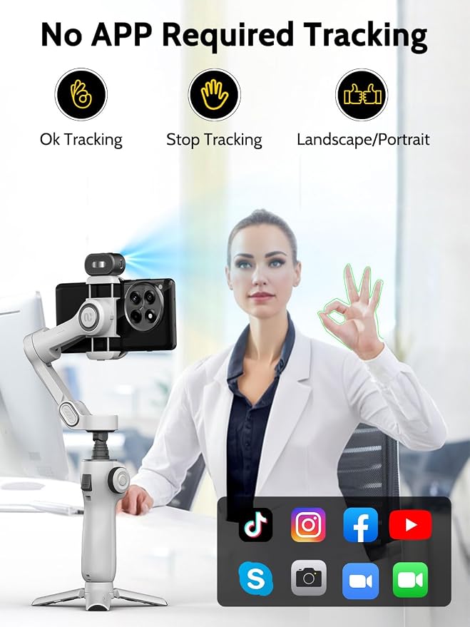 AOCHUAN Gimbal Stabilizer for Video Recording, Smartphone 3-Axis Smartphone Gimbal with AI Tracking Sensor for Vlogging,7.8' Extension Rod,Trigger Button,YouTube Tiktolk(Smart V8 AI White) - Image 3