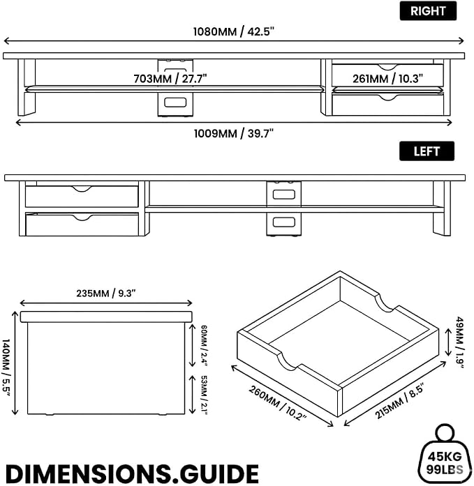 Fenge Monitor Stand, Dual Monitor Riser, 42.5inch Large Desk Computer Monitor Stand Riser with Drawer, 2 Tier Wood & Acrylic Desktop Organizer for Computer, Laptop, Printer, TV Screen Riser - Image 3