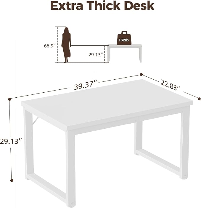 Mericonia 40 Inch Computer Desk, 1.2" Thick Small Office Table, White | Modern Simple Style, Heavy Duty Industrial Frame, Small Study & Writing Table for Home Bedroom Work - Image 2