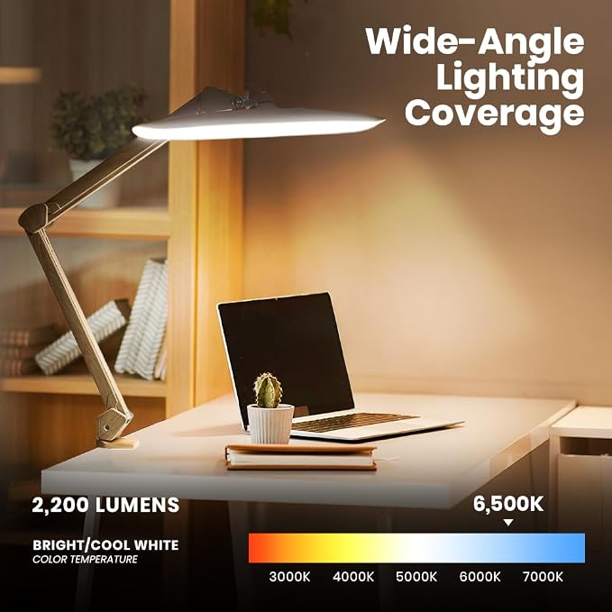 Neatfi XL 2200 Lumens 24W LED Desk Lamp – Shadow-Free Task Lighting | 4-Level Dimming | Home Office & Crafts Use | 20-Inch Wide Head (Brown Wood, Non-CCT with Clamp) - Image 4