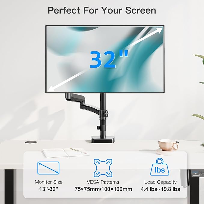 Extra Long Arm Monitor Mount, Fits Max 32" Hold up to 19.8lbs | Single Long Arm Computer Desk Mount, Extra Long Adjustable Stand, Tall Arm with Tilt, Swivel, Rotation, VESA 75/100mm - Image 5