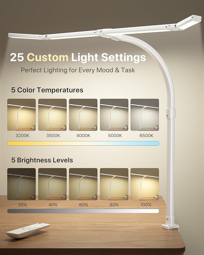 ONEMIX 42" LED Desk Lamp with Clamp, Architect Desk Light with Remote, Adjustable 4-Segment Bar, 1800LM Bright, Eye-Caring Desk Lamp for Home Office, Reading, Study, Dual Monitors, Workbench (White) - Image 7