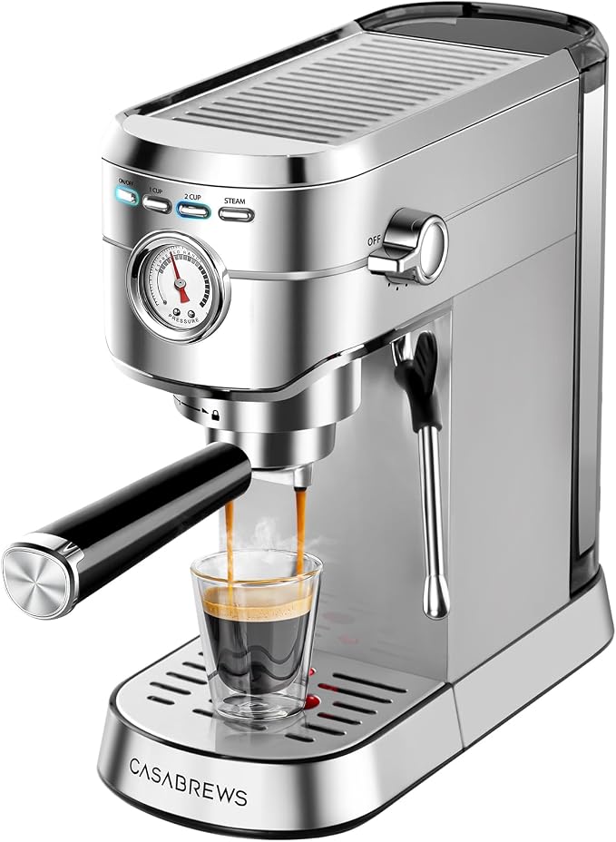CASABREWS CM5418 Compact Espresso Machine with Milk Frothing Steam Wand | Stainless Steel, 20-Bar Pump, Built-in Pressure Gauge, Powerful Steam Wand for Cappuccino Latte for Home, 34oz Water Tank by CASABREWS