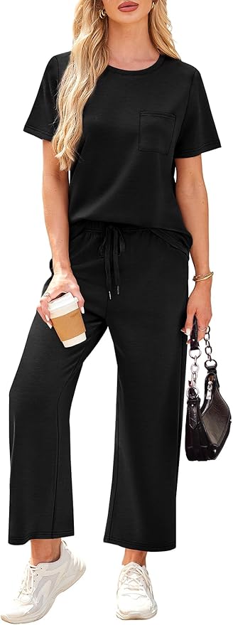WIHOLL 2 Piece Sets for Women Casual Summer Travel Vacation Outfits Short Sleeve Wide Leg Crop Pants Lounge Sets - Image 3