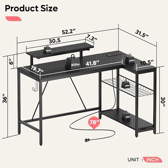 Bestier 52-Inch L-Shaped Gaming Desk with Charging & LED, Black | Charging 3AC+2USB, RGB LED 20 Colors/22 Modes, Reversible Shelves, Carbon Fiber Texture, Headphone Hook, 52 in - Image 3