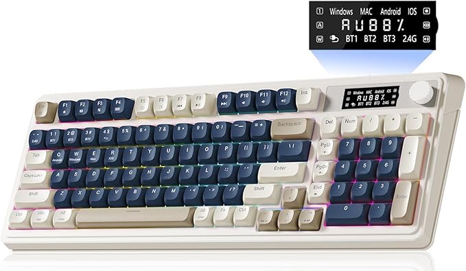 AULA S99 Pro Wireless Keyboard, Gaming Keyboards Media Knob Custom RGB Backlit, 3-Modes BT/2.4G/USB-C Membrane Cute Creamy Keyboard for Windows/MAC/PC Gamer - Blue White by AULA