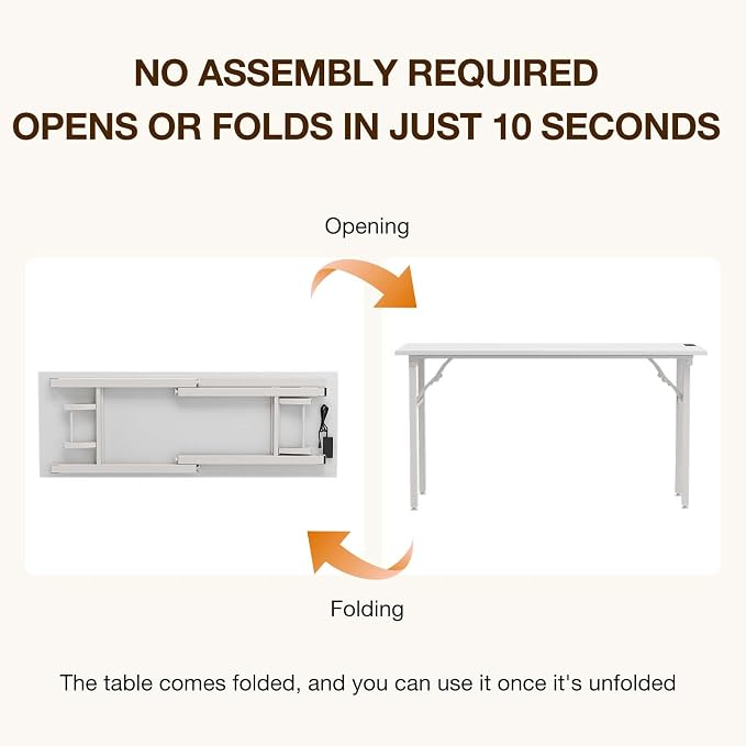 TEMI Long Computer Desk Folding Table - No Assembly, Compact 55.1" Foldable Desk with Power Outlets & USB Charging Port, Portable Lagre Office Desk, Ideal Large Study Table for Narrow Spaces,White Ash - Image 3