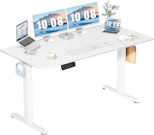 DUMOS 63 Inch Electric Standing Desk, Memory Adjustable Home Office Desk | Sit Stand Up Desk for Work Home Office,Adjustable Desk, Rising Computer Table with Splice Board,Cable Management,Hook,White by DumosLifestyle