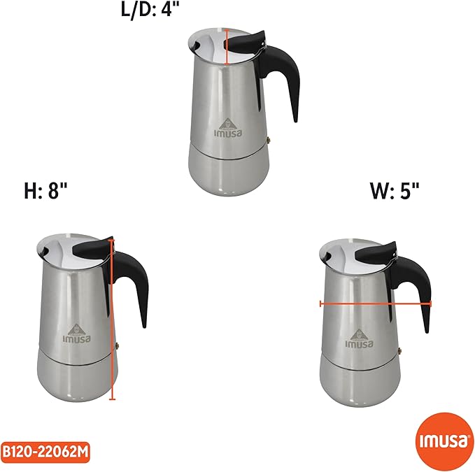 IMUSA USA B120-22062M Stainless Steel Stovetop Espresso Coffeemaker 6-Cup, Silver | Mirror-Polished Finish, Cool-Touch Handle and Flip-Up Top, Works on Gas, Ceramic, And Electric Stovetops - Image 8