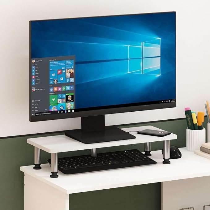 Furinno Turn-N-Tube Monitor Riser Stand, White Oak, Stainless Steel Tubes - Image 2