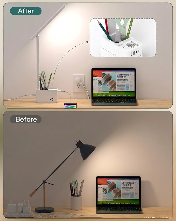 Addtam Desk Lamp with Pen Holder, LED Desk Lamps for Home Office, Power Strip with 3 Outlets 4 USB Charging Ports(2 USBC), 3 Color Modes Touch Lamp, Study Lamps for College Dorm Room Essentials, White - Image 4