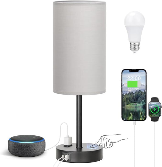 Fenmzee Touch Bedroom Lamp - Grey, 3-Way Dimmable, USB A + C Charging, AC Outlet, 17.4inch Medium by Fenmzeelighting